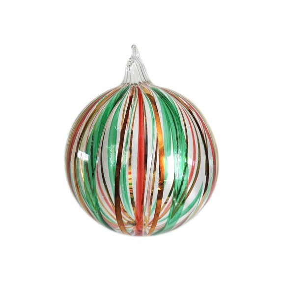 Hand Blown Clear Christmas Ball with Green Red Gold Stripes - Picture 1 of 4